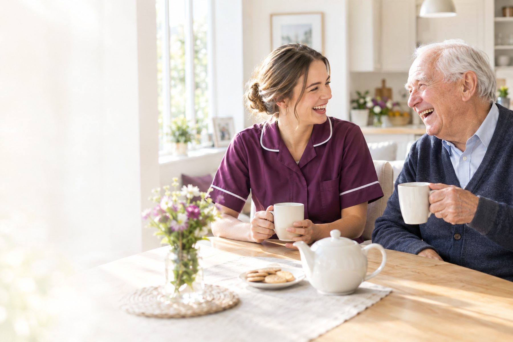 A care worker and an older man laughing together over tea at his kitchen table