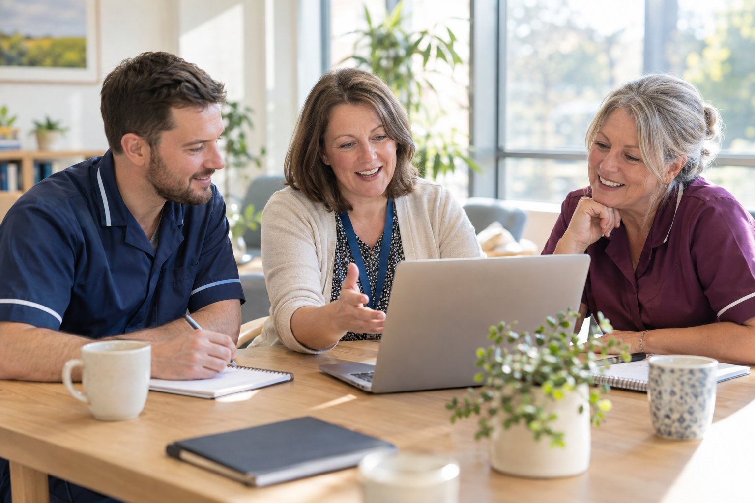 A registered manager and two team leads talking through ideas around a laptop