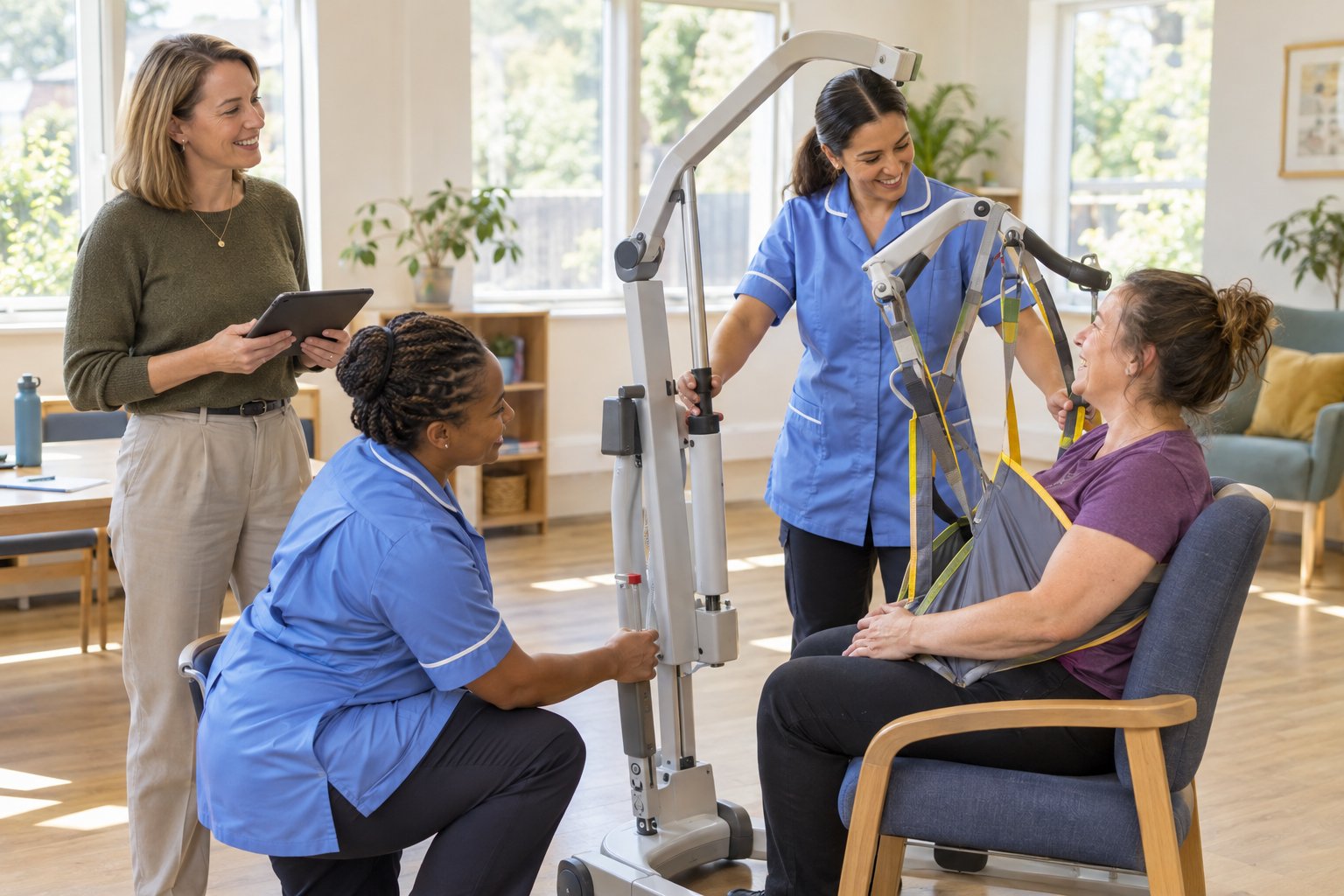 A trainer guiding two care workers through a moving and handling practical, with the observation recorded on a tablet