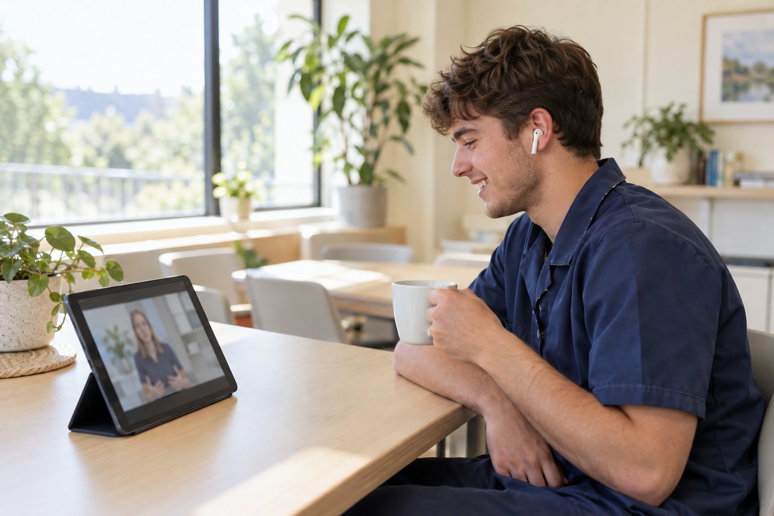 A care worker watching a Feaniks course on a tablet in a bright staff room